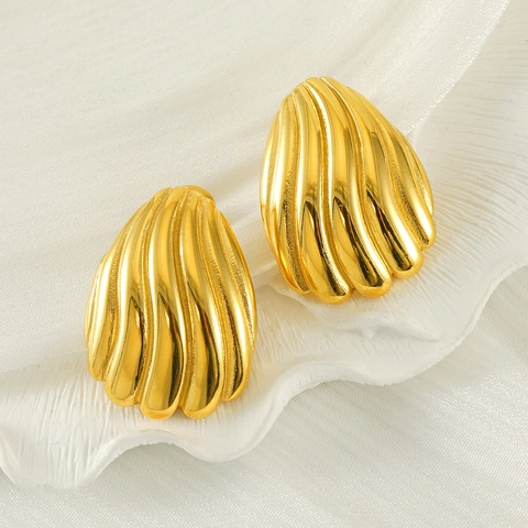 18K Vergoldete Edelstahl Muschel Ohrstecker Gerippte Gestreifte Tropfenform Retro Französischer Stil Schmuck Für Frauen