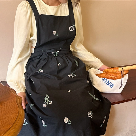 Grembiule In Cotone Seersucker Impermeabile Con Ricamo Floreale E Tasche Per Donna Lavori Domestici Cucina Stile Vintage