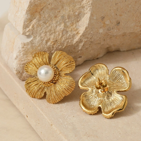 Pendientes De Botón Con Perla Artificial Y Flor Dulce Acero Inoxidable Pétalo Texturizado No Se Desvanece Joyería Vintage Elegante Para Mujer