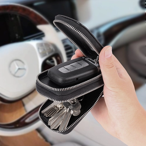 Genuine Leather Key Wallet Double Layer Litchi Pattern Cowhide Zipper Case Large Capacity Car Key Holder For Men Women