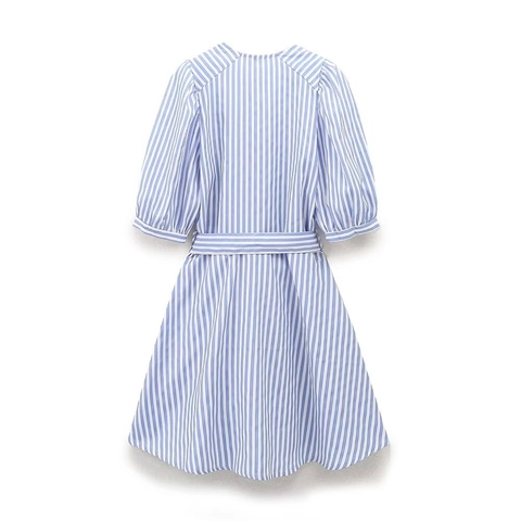 Vestido Mini de Popelina a Rayas Verano Mujer Manga de Farol Lazo en Cintura Corte en A Vestido Corto Casual Azul Blanco