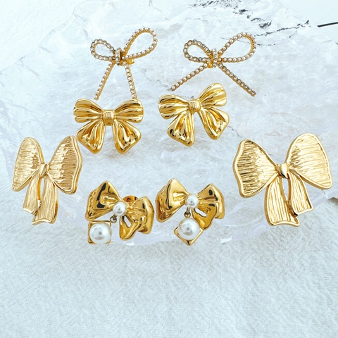 Stainless Steel Bow Stud Earrings Gold Plated With Imitation Artificial Pearl And Rhinestone Non Fading Fashion Jewelry For Women