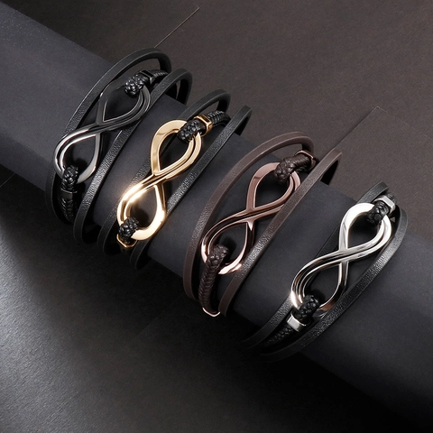 Bracciale In Pelle Intrecciata Multistrato Con Simbolo Dell'infinito In Acciaio Inossidabile Chiusura Magnetica Gioielli Uomo