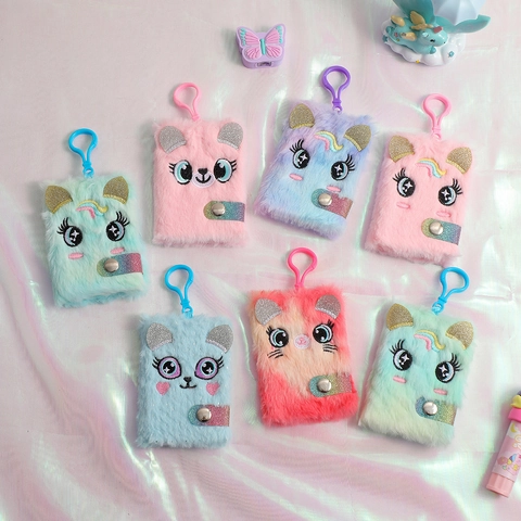 Mini Taccuino In Peluche Portachiavi Unicorno Cartone Animato Pelliccia Sintetica Diario Da Tasca Portatile Cancelleria Regalo