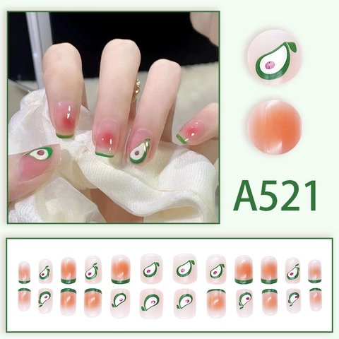 Kurze Quadratische Aufklebbare Nägel Acryl Avocado Muster Blush Pink Verlauf Französisch Grüne Spitze Für Frauen
