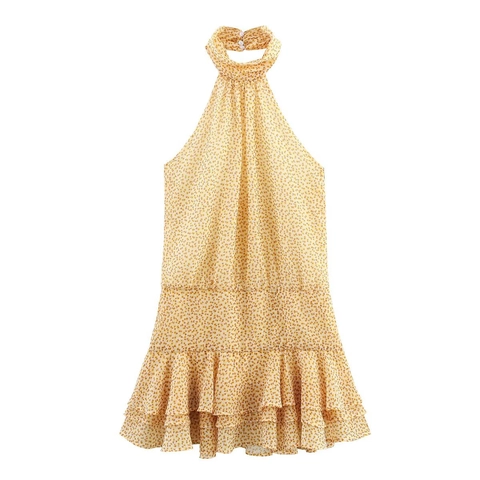Vestito Mini Floreale Allacciato Al Collo Senza Maniche Schiena Scoperta Volant Orlo A Strati Girasole Estate