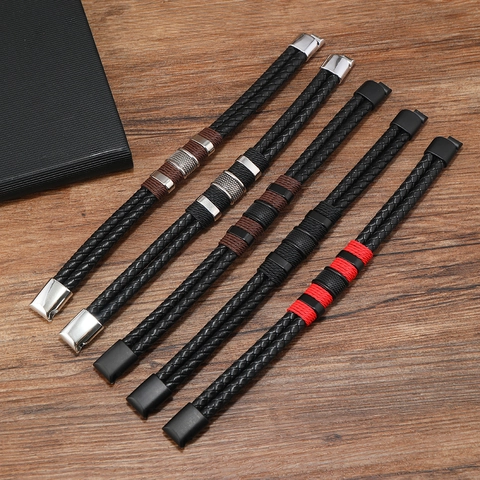Men Braided Leather Bracelet Double Layer Alloy Magnetic Clasp Punk Hip Hop Casual Wristband Jewelry