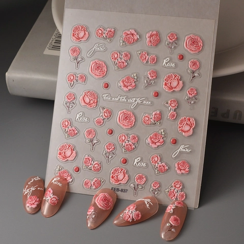 Autocollants À Ongles 5D En Relief Motif Fleur De Rose Rose Imperméable Autocollant Décoration De Manucure Pour Femmes