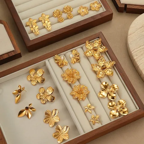 Orecchini Pendenti a Fiore in Acciaio Inossidabile Vintage Con Pietra Occhio di Tigre Perla Artificiale Oro 18K Gioielli da Donna
