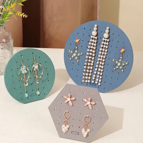Velvet Earring Display Board Wood Base Perforated Jewelry Organizer Stand Hexagon Round Stud Storage Rack