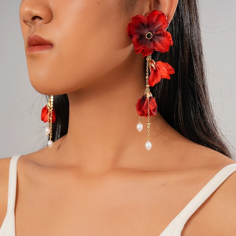Red Fabric Flower Tassel Earrings With Imitation Artificial Pearl And 925 Sterling Silver Earring Post Vintage For Women