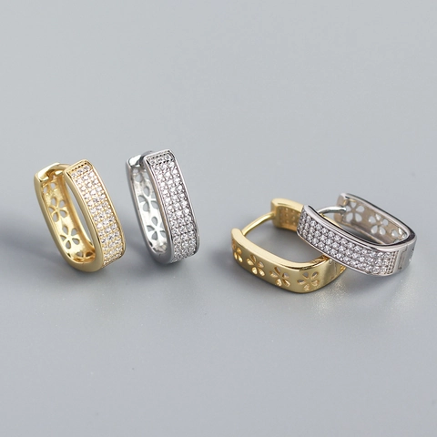 Orecchini A Cerchio A Forma Di U In Argento Sterling 925 Con Micro Pavé Di Zirconia Cubica E Motivo A Fiori