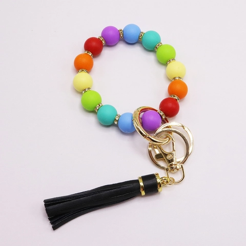 Siliconen Kralen Polsband Sleutelhanger Met PU Lederen Kwastje En Strass Tussenstukjes Metalen Ring Voor Dames