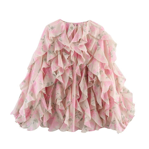 Dames Bloemen Chiffon Blouse Lange Mouw Ruches Strikkraag Casual Elegant Zoet Topje
