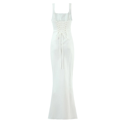 Satin Long Evening Dress Square Neck Sleeveless Backless Lace Up Ruched Slim Fit Elegant Sexy Party Gown For Women