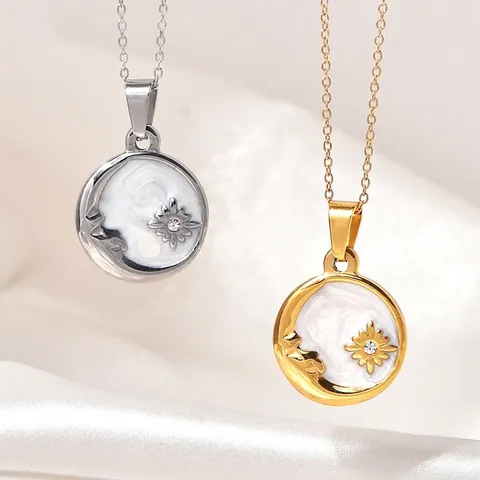 Stainless Steel Celestial Moon Star Sun Pendant Necklace For Women Natural Shell Inlay Rhinestone 18K Gold Plated Jewelry