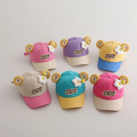 Kinder Cartoon Patchwork Baseballkappe Mit Plüschohren 3D Biene Blume Dekor Baumwolle Sonnenhut Für Jungen Mädchen Sommer