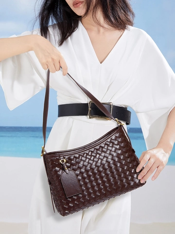 Sac À Épaule En Cuir PU Tressé Et Pochette Assortie Sac À Main Bandoulière Style Français Commuter Pour Femmes