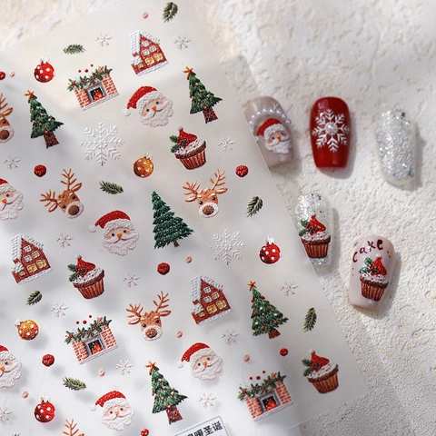 3D Embossed Christmas Nail Stickers Santa Claus Reindeer Snowflake Self Adhesive Manicure Decoration Festive Decals