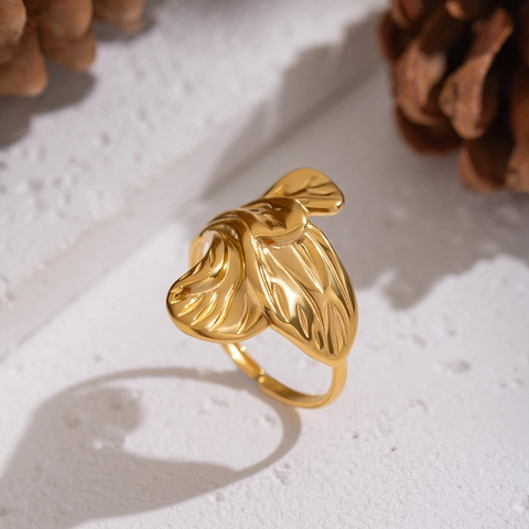 Ginkgo Leaf Petal Open Ring Stainless Steel Gold Plated Waterproof Tarnish Free Elegant Creative Jewelry For Women