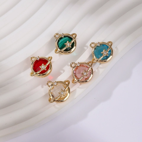 Ciondoli Pendente Pianeta Rame Placcato Oro 18K Vetro Sfaccettato Stella Strass Forma Saturno Per Creazione Gioielli DIY