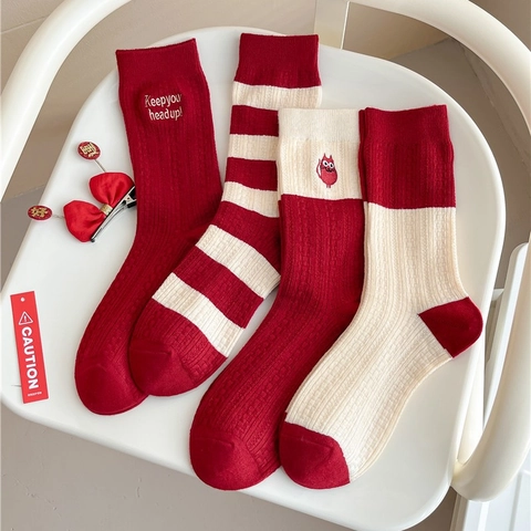 Damen Crew Socken Strick Baumwollmischung Rot Weiß Streifen Katzenstickerei Festlich Winter Warm Wadenhoch