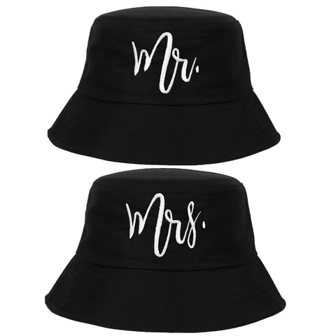 Bucket Hat Reiner Baumwolle Bestickt Mr Mrs Buchstaben Sonnenschutz Outdoor Reisen Lässig Für Paare Flitterwochen Zubehör