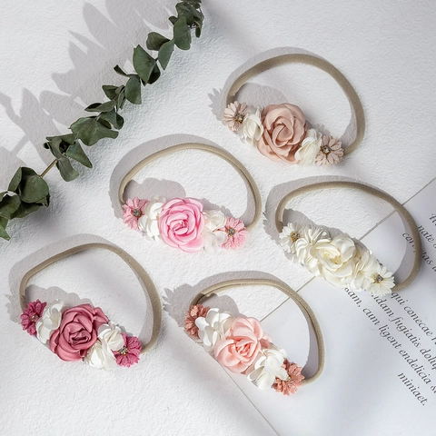 Baby Bloemen Hoofdband Zacht Nylon Elastisch Stof Rozen Strass Decoratie Zuigeling Peuter Haaraccessoires Foto Rekwisieten