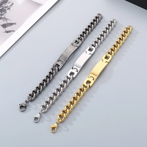 Men Stainless Steel Cuban Chain ID Bracelet With Rectangular Flat Bar Minimalist Trendy Hip Hop Jewelry For Daily Wear