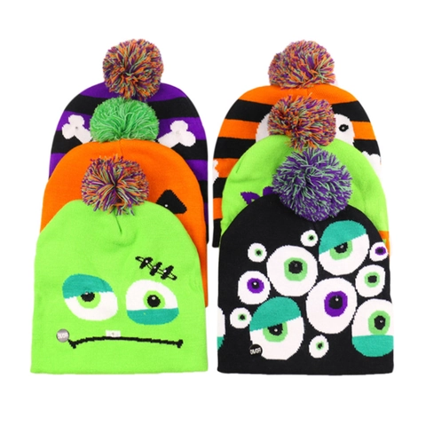 Halloween LED Light Up Knit Beanie Hat Pumpkin Ghost Skull Jacquard Acrylic Winter Warm Beanie For Party Women Men