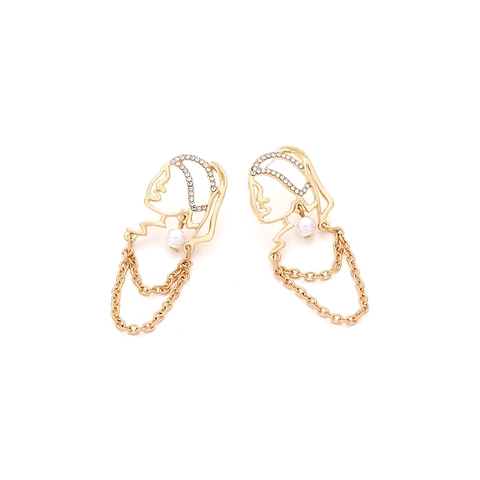 Retro Alloy Rhinestone Face Silhouette Tassel Earrings For Women Gold Plated Hollow Out Head Portrait Artificial Pearl Earrings