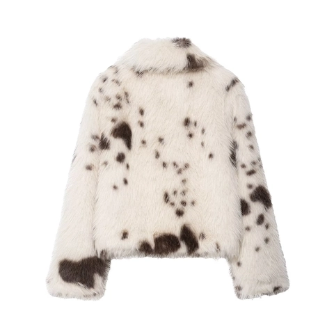 Dames Faux Fur Jas Dierenprint Gevlekt Patroon Lange Mouwen Chique Pluche Korte Mantel Met Reverskraag
