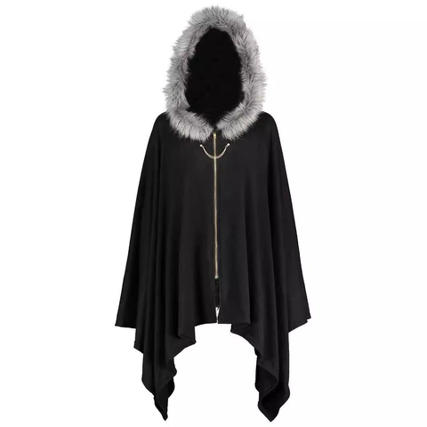 Capa Poncho con Capucha Gótica de Halloween Manga Murciélago con Cuello de Piel Artificial Cremallera Cadena de Metal para Mujer