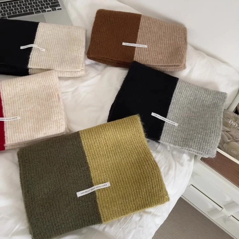 Bufanda De Punto Bloques De Color Gruesa Cálida Invierno Otoño Estilo Universitario Coreano Cuello Con Etiqueta Para Mujeres Hombres