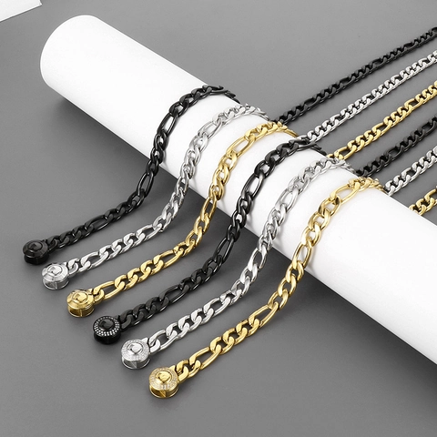 Heren Roestvrijstalen Figaro En Cubaanse Schakelketting Ketting Met Ronde Strass Sluiting Punk Sieraden