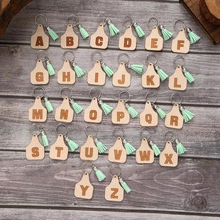 Farm Style Faux Leather Letter Keychain Mint Green Tassel Cow Tag Initial Keyring For Women Bag Pendant Accessories