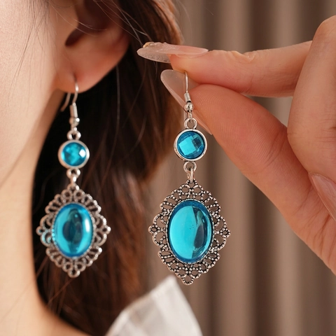 Boucles D'oreilles En Résine Bleue Bohème Vintage Avec Monture En Alliage Dentelle Creuse Bijoux Style Ethnique Pour Femmes