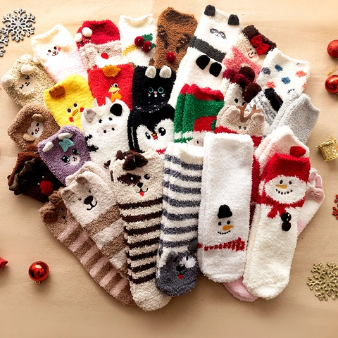 Chaussettes En Molleton De Corail Chaudes D'hiver Dessin Animé Animal Noël Père Noël Bonhomme De Neige Brodé Peluche
