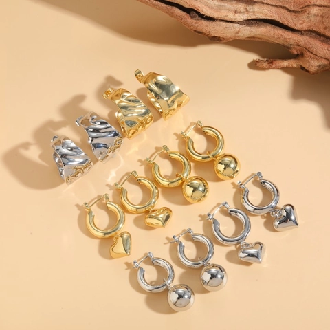 Orecchini A Cerchio Geometrici In Rame Cuore Sfera Irregolare Testurizzato Per Donna Accessorio Elegante Minimalista