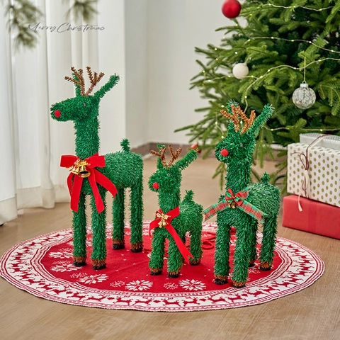 Christmas Reindeer Ornaments Green Tinsel Deer Figures With Red Bow Golden Bell For Home Desktop Holiday Decoration