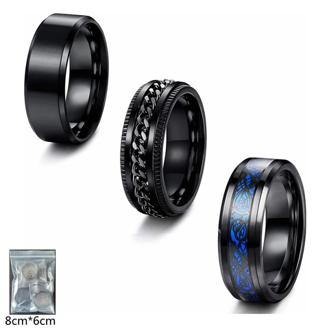 3pcs Black Stainless Steel Rings Set Men Celtic Dragon Rotatable Chain Spinner Ring Matte Punk Fashion Jewelry Gift