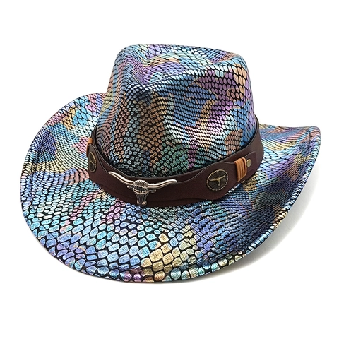 Iridescent Colorful Snake Skin Western Cowboy Hat With Bull Head Metal Decoration Party Fashion