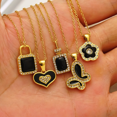 Schmetterling Herz Blume Anhänger Halskette 18K Vergoldet Edelstahl Schwarz Emaille Mikro Pave Strass Schmuck