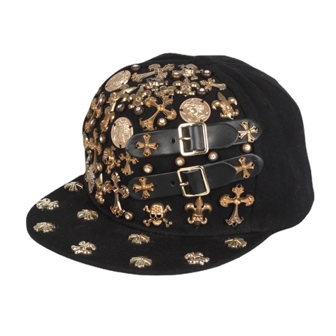 Cappello Da Baseball Punk Gotico Cotone Nero Con Croce In Metallo Dorato Teschio Rivetti Fibbie In Pelle PU Hip Hop Snapback