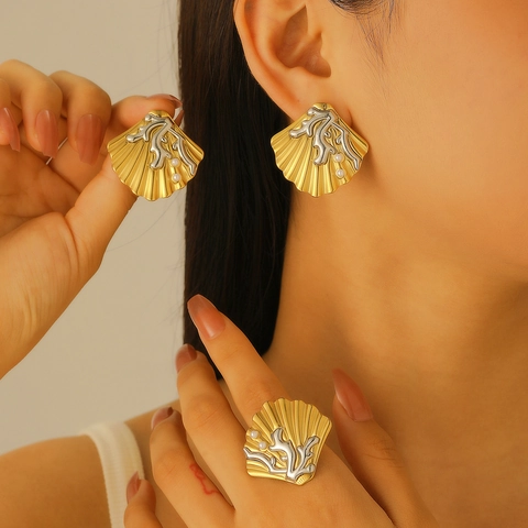 Stainless Steel Shell Starfish Artificial Pearl Jewelry Earrings And Rings For Women Bohemian Ocean Style Gold Silver Tone