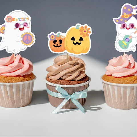 Bohemian Halloween Cupcake Toppers Papier Bambus Hippie Geist Kürbis Dessert Dekoration Für Geburtstagsparty