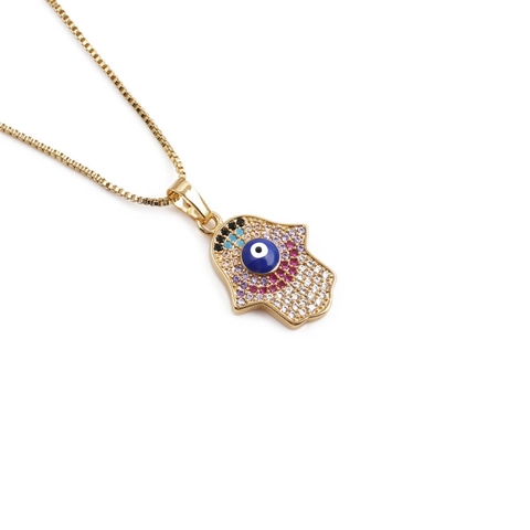 Hamsa Hand Böser Blick Anhänger Halskette Kupfer Vergoldet Bunter Zirkon Box Kette Schmuck Für Damen