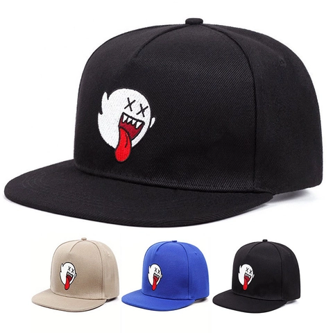 Ghost Embroidery Baseball Cap Flat Brim Cotton Twill Adjustable Sunshade Hip Hop Streetwear Snapback Hat Men Women