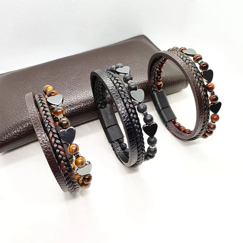 Bracciale Multistrato In Pelle Intrecciata Ciondolo Cuore Pietra Naturale Con Chiusura Magnetica Gioielli Retro Uomo E Donna