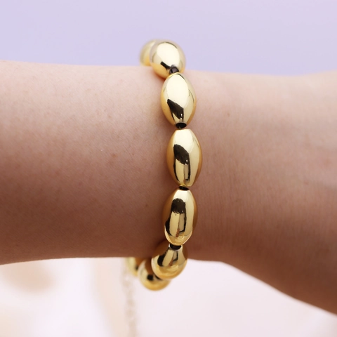 Bracciale Minimalista In Rame Placcato Oro 18K Con Grani Di Oliva E Tondi Gioielli Regolabili Con Chiusura A Moschettone